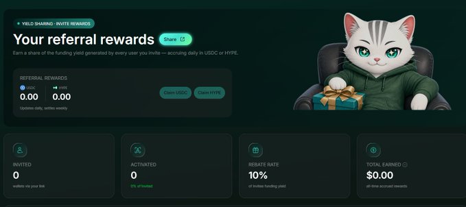 A digital dashboard titled 'Your referral rewards' displaying yield sharing metrics (USDC and HYPE rewards at 0.00) alongside a cartoon cat mascot holding a gift box.