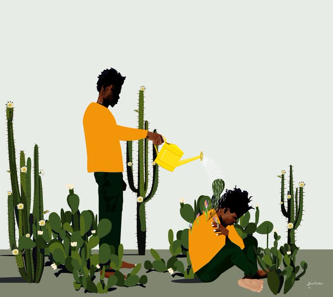 A man in a yellow shirt waters a cactus with a watering can while a younger boy hugs himself on the ground, illustrating the "Water Yourself" meme about self-care being overlooked while caring for others. The illustration, signed by Jean Kallina, serves as a poignant visual metaphor for neglecting one's own emotional needs.