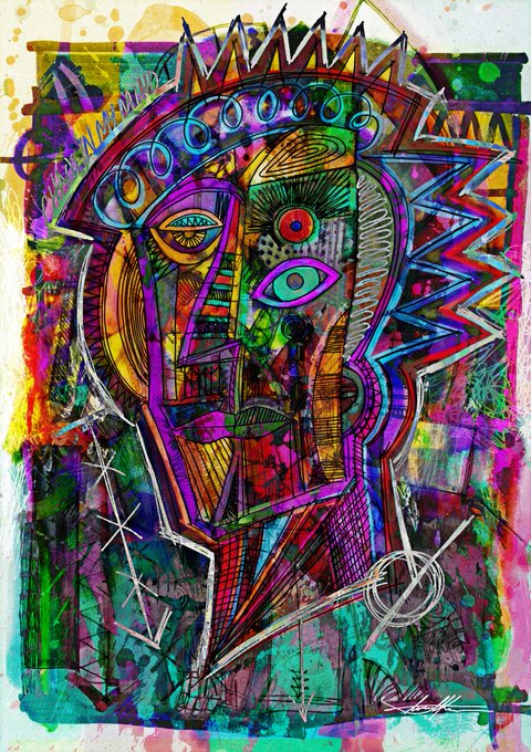 A colorful, abstract mixed-media portrait of a fragmented face featuring mismatched, stylized eyes rendered in bright neon hues of pink, green, blue, and yellow.