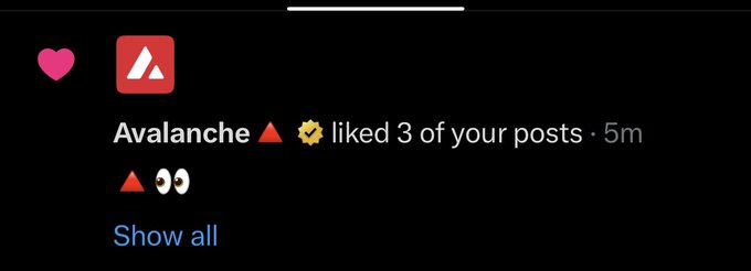 A mobile app notification from Avalanche with a verified badge indicating it liked 3 of the user's posts 5 minutes ago.