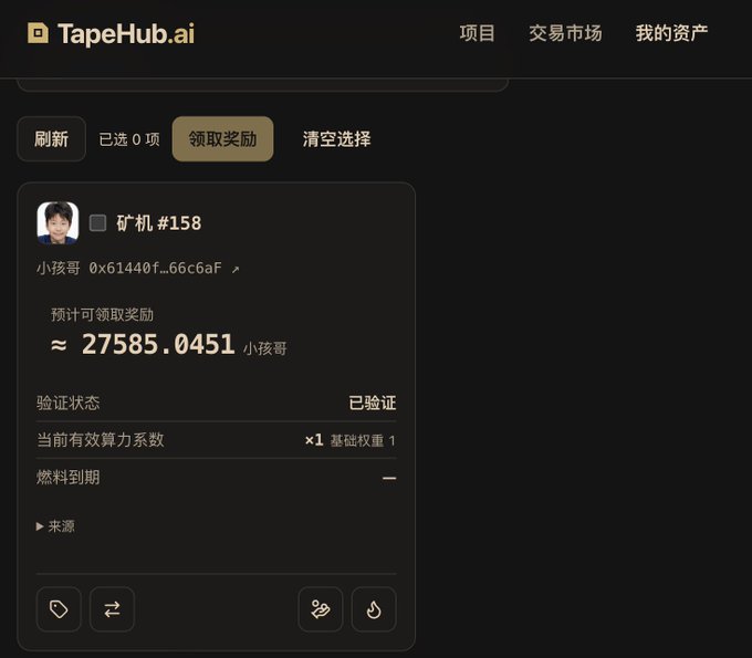 A screenshot of the TapeHub.ai platform displaying a mining rig (#158) owned by 小孩哥 with address 0x61440f...66c6aF, showing an estimated reward of ~27585.0451 小孩哥 tokens, verified status, and basic weight of 1.