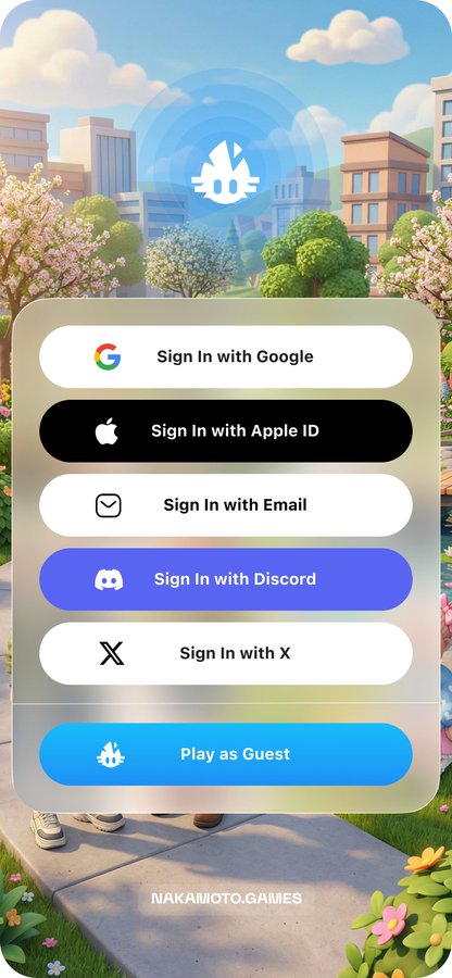 A mobile game sign-in screen for nakamoto.games featuring login options including Google, Apple ID, Email, Discord, and X, set against a cartoon cityscape background.