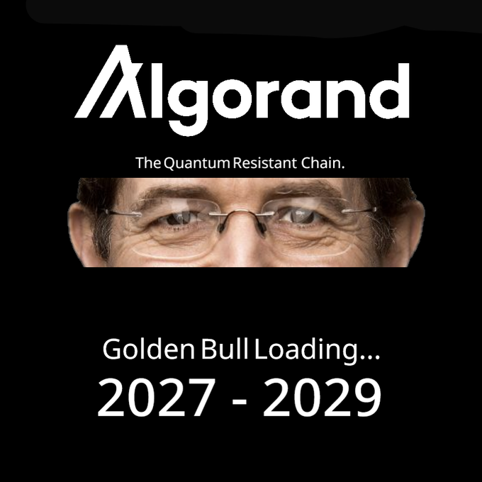A graphic for Algorand described as 'The Quantum Resistant Chain' featuring a man's eyes peeking over a black bar with text 'Golden Bull Loading... 2027 - 2029'.