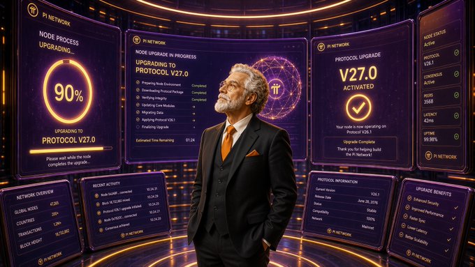 A digital illustration of a man in a suit standing before multiple screens displaying 'Pi Network' node upgrade status with 'PROTOCOL V27.0 ACTIVATED'.