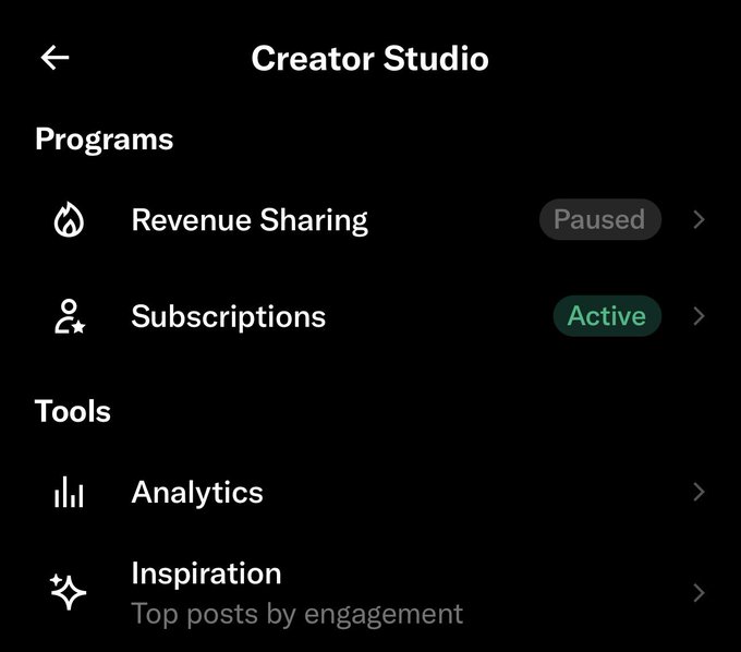 A mobile app interface for 'Creator Studio' on a black background, showing 'Programs' with 'Revenue Sharing' marked as 'Paused' and 'Subscriptions' marked as 'Active', along with 'Tools' for 'Analytics' and 'Inspiration'.