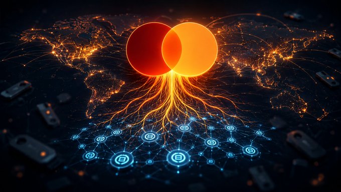 A digital illustration of a glowing orange Mastercard logo with root-like tendrils spreading across a dark world map, connected to a blue network of blockchain/crypto nodes below.