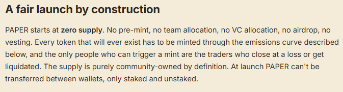 Text excerpt titled 'A fair launch by construction' describing PAPER tokenomics, starting at zero supply with no pre-mint, team allocation, VC allocation, airdrop, or vesting.
