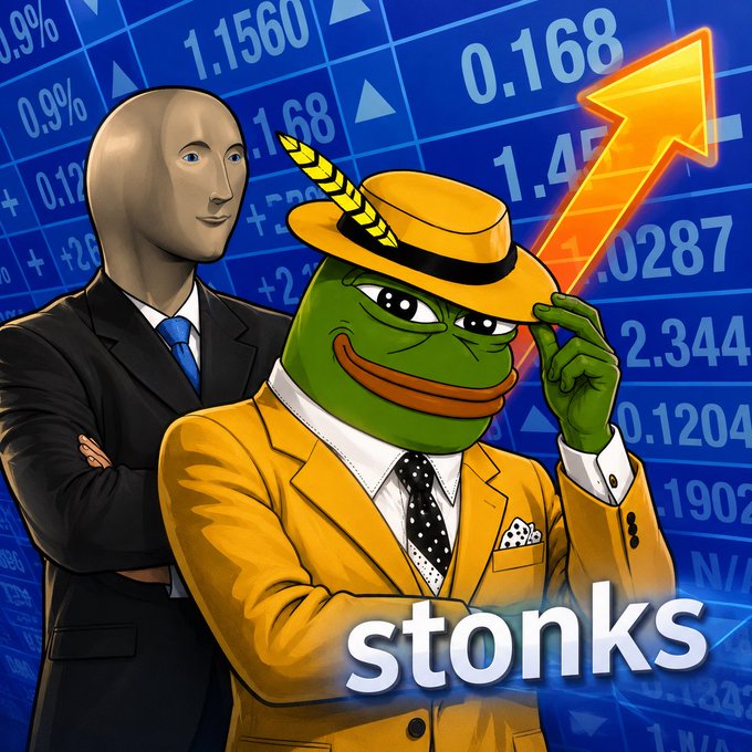 A meme image of Pepe the Frog dressed in a yellow suit and hat with a green arrow pointing up, standing next to a blank-faced man in a suit, with the word 'stonks' overlaid on a background of financial numbers.