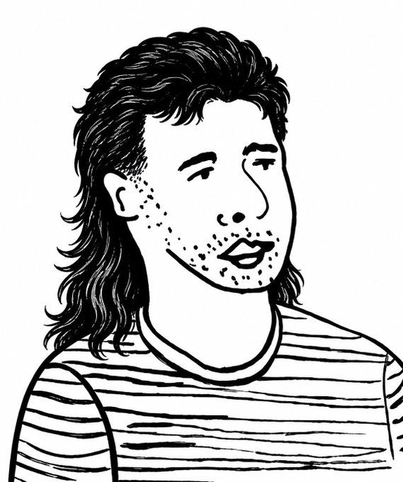 A black-and-white line drawing of a man with voluminous mullet-style hair, a stubbly beard, and a striped shirt, resembling a 'wojak' style meme illustration.