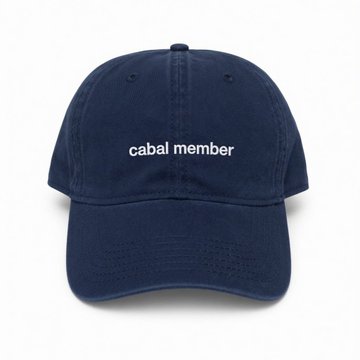 A navy blue baseball cap is embroidered with the words 'cabal member' in white lowercase letters.