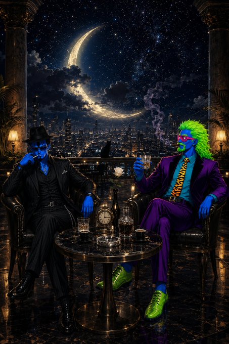 Two blue-skinned figures in suits—one in a black pinstripe suit and fedora, the other with green hair in a purple suit—sit at a table with drinks and a clock against a backdrop of a crescent moon and a city skyline at night.