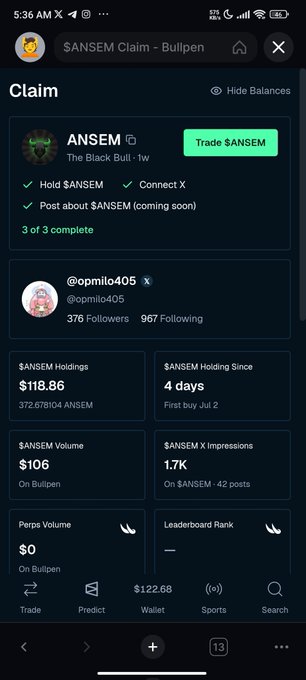 Screenshot of a SANSEM Claim page on Bullpen showing a user (@opmilo405) with $118.86 in $ANSEM Holdings, 376 Followers, and completed tasks to Hold $ANSEM and Connect X.