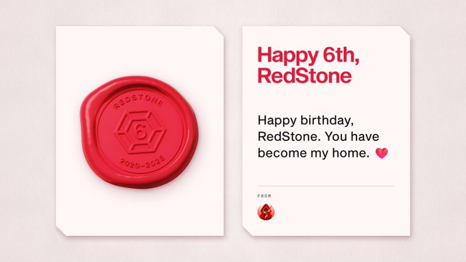 A red wax-seal birthday card displays the text “Happy 6th, RedStone” and “Happy birthday, RedStone. You have become my home. ♥,” with the REDSTONE 6 emblem on the seal.