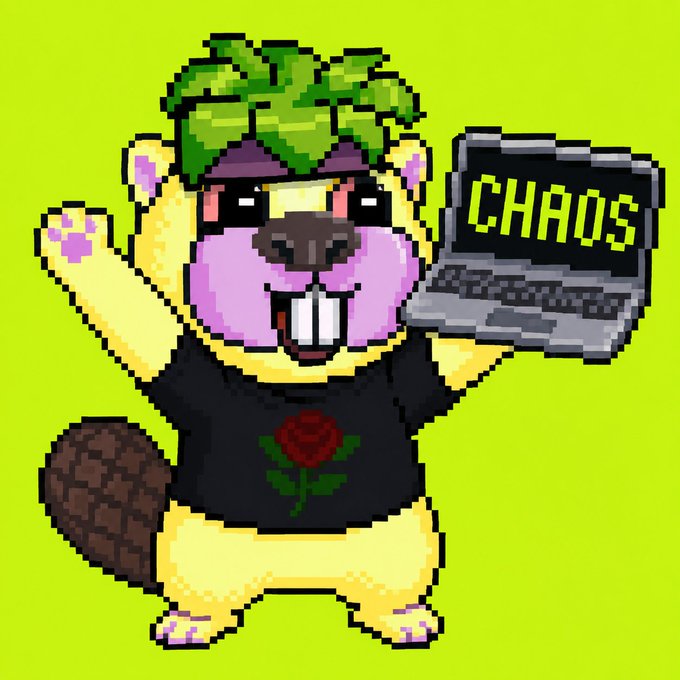 A pixel art illustration of a hamster-like character with green leaves on its head, wearing a black shirt with a rose, holding a laptop displaying the word 'CHAOS' against a bright green background.
