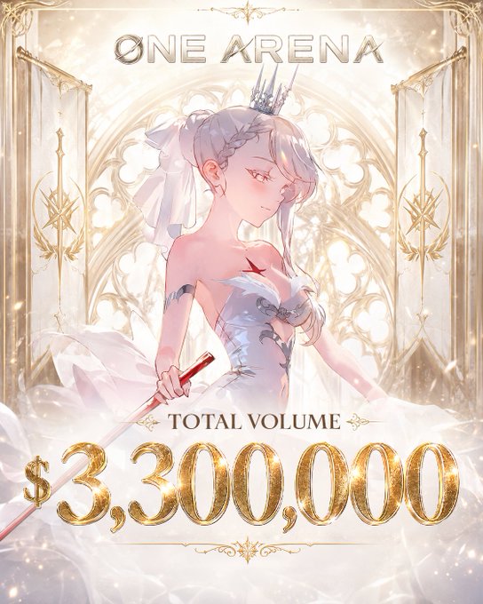 An anime-style promotional image titled 'ONE ARENA' showing an elegant female character in a white dress holding a sword, with 'TOTAL VOLUME $3,300,000' displayed at the bottom.