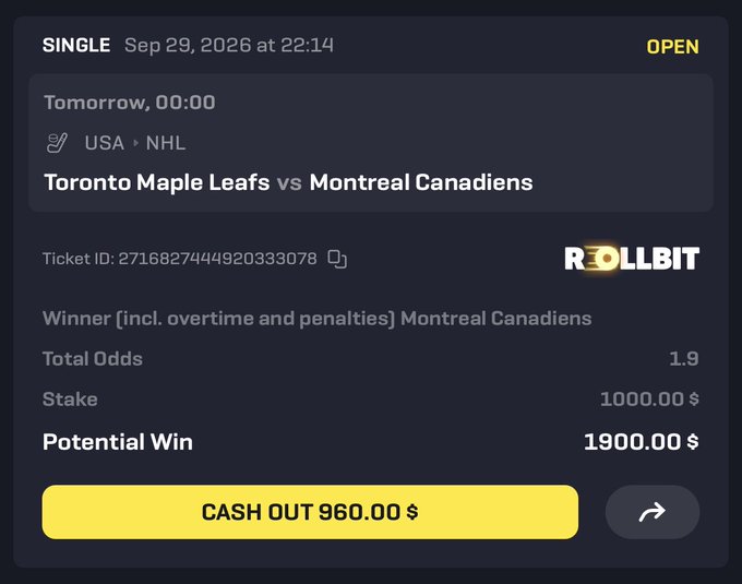 A Rollbit sports betting slip for an NHL game between the Toronto Maple Leafs vs Montreal Canadiens, with a $1,000 stake, total odds of 1.9, potential win of $1,900, and a $960 cash out option.