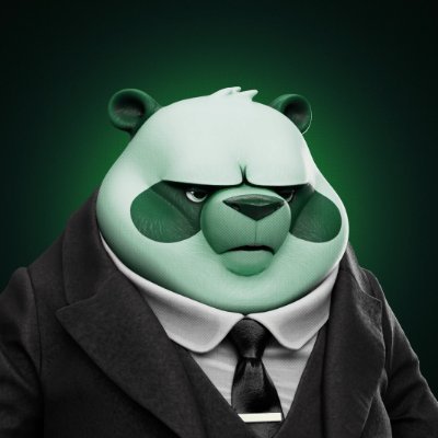 A 3D-rendered green panda character wearing a black suit, white shirt, and black tie with a stern expression against a dark green background.