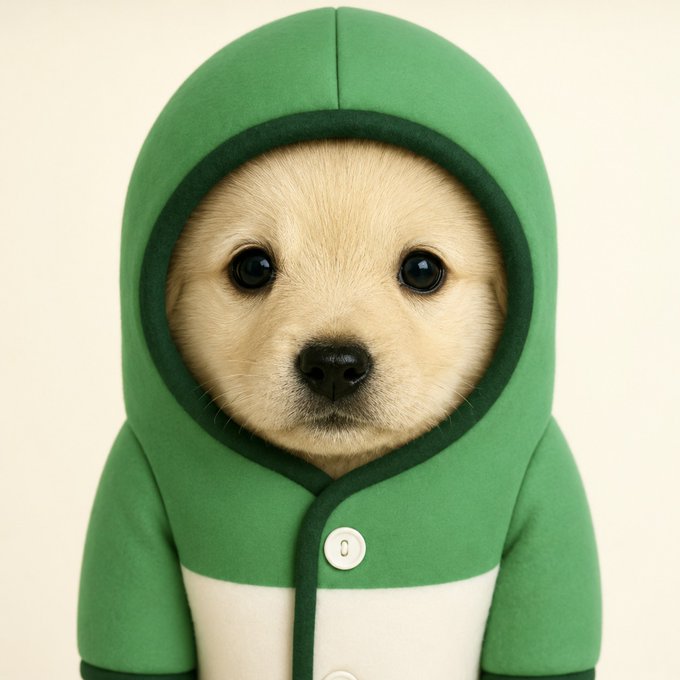 The image features a small, adorable puppy wearing a green hoodie with white trim. The puppy appears to be wearing a coat or sweater, which adds an extra layer of warmth and cuteness to its appearance. The caption for this image includes the text "Puppy coins are running. Jotchua at 7M mcap. Other pups are waking up. Now meet the easier puppy meme on Solana: pump.fun → PupFun Cute. Simple. Memorable. The puppy meta just got more fun. CA : 9mkqCYLvdVChmePQPFYxjY6J16HSLuCX3XRnCUYNpump".