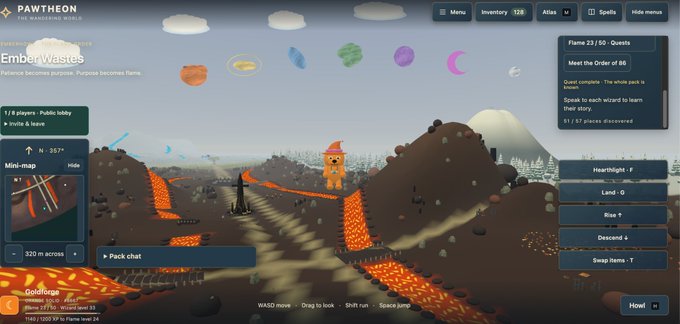 A screenshot of a video game called 'PAWTHEON' showing a blocky orange dog character in a voxel landscape with lava flows, featuring an inventory bar at the top and an 'Ember Wastes' quest titled 'Meet the Order of 86'.