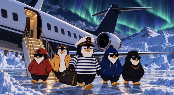An illustrated scene of five penguins in trendy streetwear and sunglasses standing in front of a private jet on a snowy landscape, with the aurora borealis lighting up the sky.