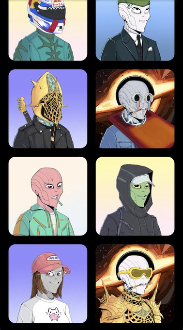 A 4x2 grid of cartoon illustrations showing various stylized characters, including figures with racing helmets, golden armor, pink masks, and green alien-like faces.