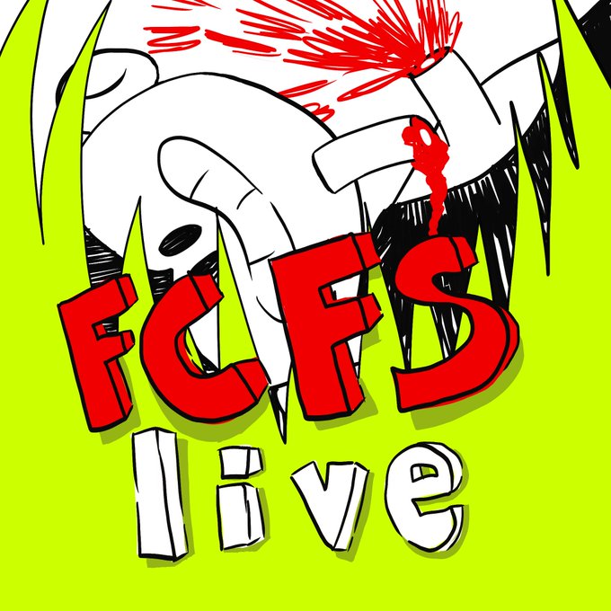 This image announces "FCFS live" with red text over a graphic depicting a crudely drawn hand that is bleeding. This directly relates to the post's announcement of an "FCFS" (First Come, First Served) drop being live, likely for an NFT collection.
