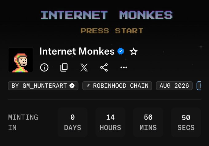 A digital NFT collection listing titled 'Internet Monkes' by gm_hunterart on Robinhood Chain, with a mint countdown of 0 days, 14 hours, 56 minutes, 50 seconds.