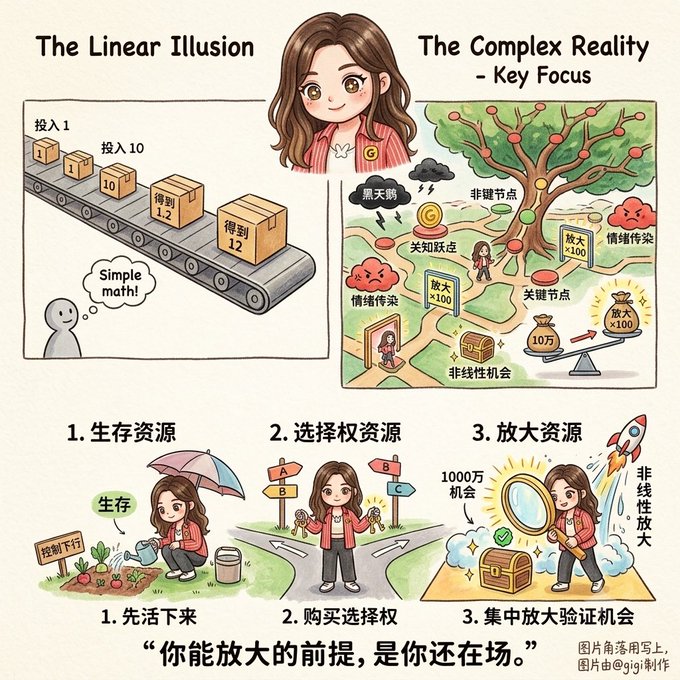 The image features an illustration of a woman standing at the center with her arms raised, surrounded by various objects such as boxes, a tree, and other people. The scene depicts a linear illusion where the woman appears to be walking through a series of numbered boxes on a conveyor belt, which is a common theme in many linear illusion drawings.

The post suggests that linear thinking can sometimes lead to inefficient resource allocation or decision-making due to its simplistic nature. In reality, complex systems often involve feedback delays and nonlinear amplification, making it difficult for linear thinking alone to provide accurate solutions. Additionally, the presence of black swans in the image implies that unexpected events or factors may arise, further complicating the process of allocating resources effectively.

The post also touches on emotional contagion, which can influence decision-making and resource allocation by spreading ideas or sentiments among individuals within a system. This concept is relevant to the woman's situation as she stands in front of boxes, potentially influenced by others around her who may be making decisions based on linear thinking.