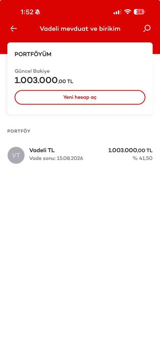 The image shows a mobile banking app displaying a portfolio with a daily balance of 1,003,000.00 TL, all from a single "Vadeli TL" (Term Turkish Lira) account with a maturity date of 15.08.2026 yielding 41.50% interest. This directly illustrates the user's post about depositing 1 million TL into a term account taking advantage of Akbank's 41.5% interest rate, which outpaces even the state's 38% borrowing rate.