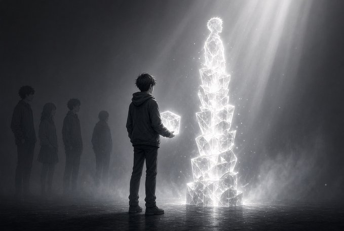 A dark, atmospheric digital artwork depicts a boy holding a glowing geometric cube facing a towering, luminous crystalline figure, while shadowy silhouettes of people watch from the background.