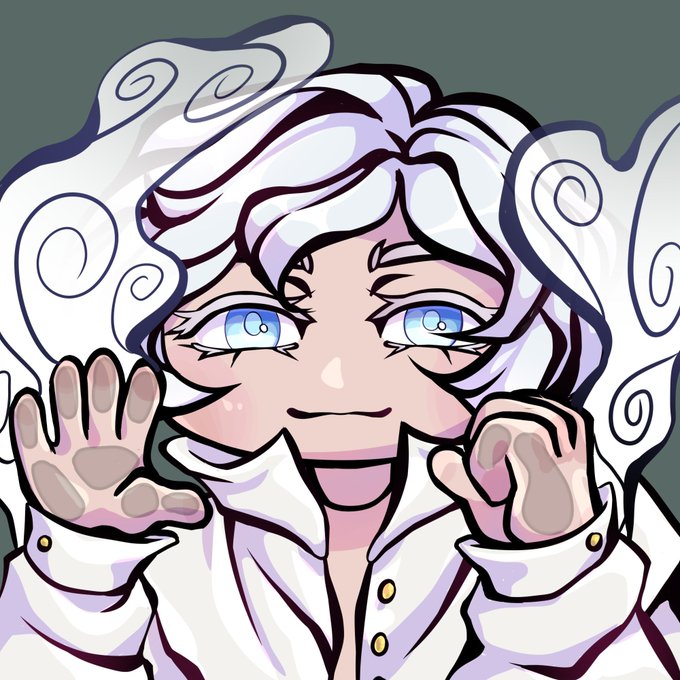 An anime-style illustration of a white-haired character with striking blue eyes, wearing a white shirt and surrounded by white cloud-like swirls.