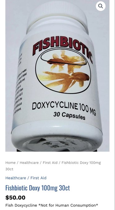 A product listing for Fishbiotic Doxy 100mg (30 count) priced at $50.00, described as "Fish Doxycycline *Not for Human Consumption*" in the Healthcare/First Aid category.