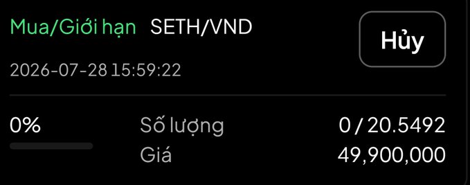 A Vietnamese-language mobile trading interface showing a 'Mua/Giới hạn' (Buy/Limit) order for SETH/VND dated 2026-07-28 15:59:22, with 0/20.5492 quantity at a price of 49,900,000.