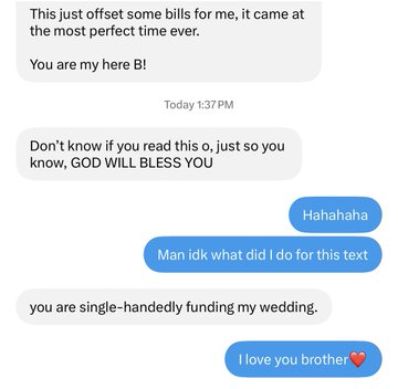 A screenshot of a text message exchange where a sender expresses overwhelming gratitude, saying "GOD WILL BLESS YOU" and crediting the recipient for "single-handedly funding my wedding." The accompanying post reflects on receiving this unexpected DM, attributing the blessing to the "₿-R4ted Community and Team ₿-R4ted" and emphasizing the recipient's goal of seeing those around them win.