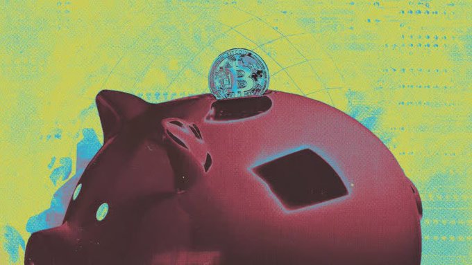A vibrant, stylized illustration shows a red piggy bank with a Bitcoin coin being inserted into its slot against a neon yellow and blue splattered background.