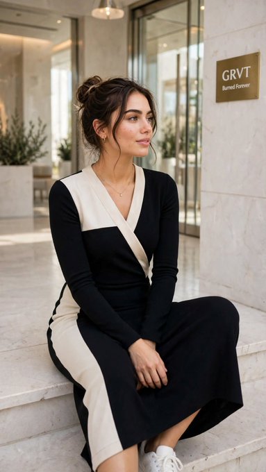 A woman in a black-and-cream wrap-style dress sits on marble steps in a modern building lobby, beside a wall plaque reading “GRVT Brand Forever.”