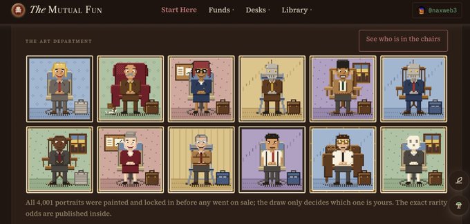 A screenshot of 'The Mutual Fun' website showing 'The Art Department' with pixel art character portraits, noting 'All 4,001 portraits were painted and locked in before any went on sale.'