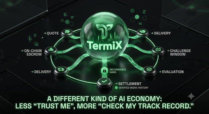 A green-themed digital graphic displays the logo 'TermiX' in a central sphere, connected to labels like 'QUOTE', 'ON-CHAIN ESCROW', 'DELIVERY', 'CHALLENGE WINDOW', and 'EVALUATION', with the tagline 'A DIFFERENT KIND OF AI ECONOMY: LESS "TRUST ME", MORE "CHECK MY TRACK RECORD."'