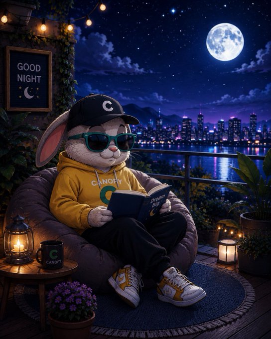 A cozy anthropomorphic rabbit wearing a "Canopy" hoodie and a "C" cap reads a book on a bean bag under a full moonlit cityscape, with a "Good Night" sign, a "Canopy" mug, and string lights completing the scene. The image visually reinforces the post's relaxed, planning-themed "goodnight" message for the Canopy Network community before tomorrow's actions.