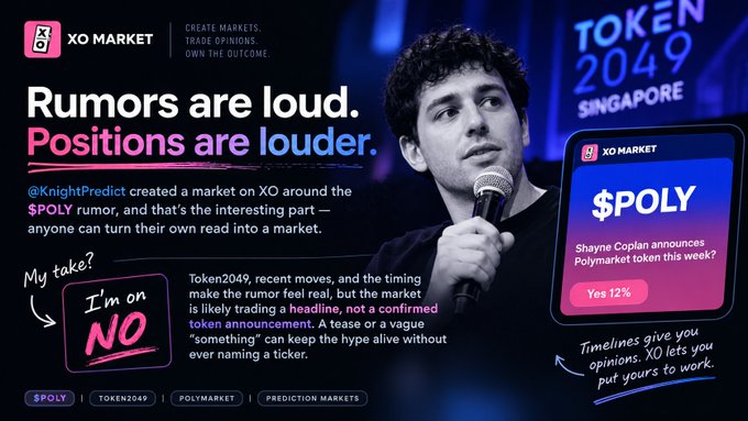 The promotional image showcases a bearded man holding a microphone with the tagline "Rumors are loud. Positions are louder." highlighting a prediction market created by @KnightPredict on XO Market about whether Shayne Coplan will announce a $POLY token this week (currently at 12% "Yes"), tying directly into the post's theme of turning opinions into tradable markets on XO.
