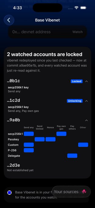 A mobile app screenshot titled 'Base Vibenet' showing a warning '2 watched accounts are locked' and listing addresses with their own gas settings, noting 'Base Vibenet is in your Your sources'.