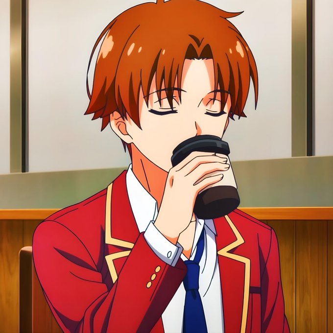 An anime character with orange hair in a red blazer drinks from a black cup with closed eyes.