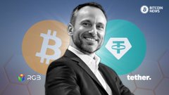 The image features Tether CEO Paolo Ardoino alongside the Bitcoin (₿) and Tether (USDT) logos, with "RGB" and "UTEXO" branding visible at the bottom—visually representing Tether's announcement of bringing USDT natively back to the Bitcoin network through the RGB protocol, with UTEXO leading the commercial rollout.