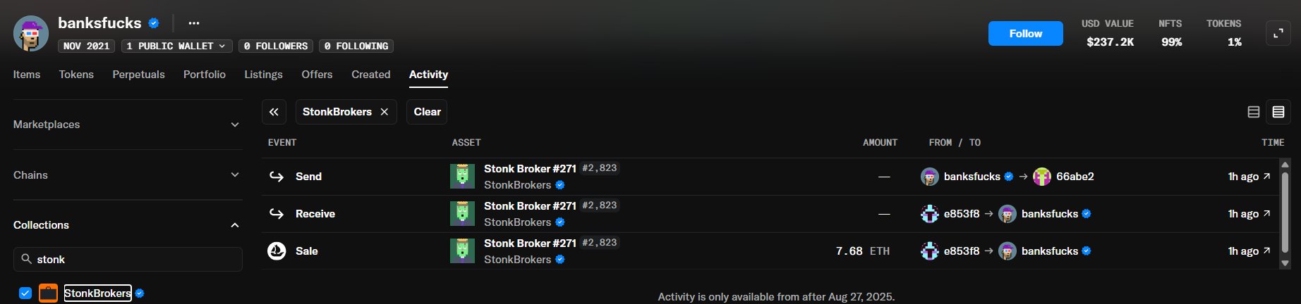 A wallet activity page for 'banksfucks' on a NFT platform showing recent transactions involving Stonk Broker #271 from the StonkBrokers collection, including a sale of 7.68 ETH and send/receive activities.