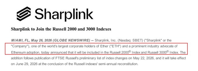 The image shows a screenshot of an email from Sharpink, a company that specializes in trading financial instruments such as Treasury Bet Contracts (TB) for Ether (ETH). The email contains information about Sharpink's participation in the Russell 2000 index and their inclusion in the Russell 3000 index. It also mentions that the company has been awarded the "Ethereum Trading Bot" award by the Russell 2000 Index, which is a recognition of their contribution to the Ethereum trading bot market.