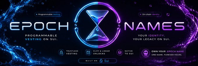 A promotional banner for "Epoch Names" on the Sui blockchain, featuring a glowing hourglass logo and the tagline "Programmable Vesting on Sui" alongside features like "Trustless Vesting," "Cliff & Linear Unlocks," and "Native to Sui," highlighting it as a sophisticated on-chain identity solution that goes beyond simple vanity address projects.