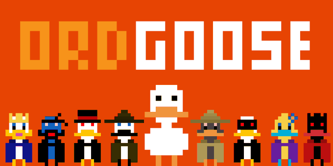 A pixel art graphic titled 'ORD GOOSE' features a lineup of various pixelated duck and penguin characters, with a large white goose in the center, set against an orange background.