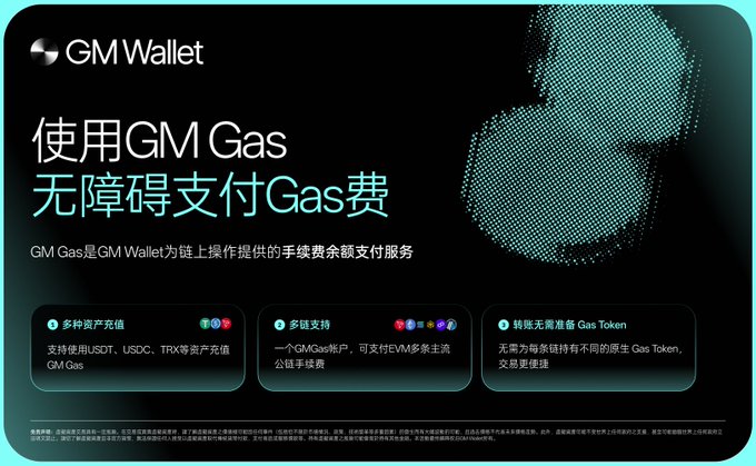 A promotional graphic for 'GM Wallet' in Chinese, advertising '使用GM Gas 无障碍支付Gas费' (Barrier-free Gas fee payment using GM Gas), highlighting features like multi-asset support, multi-chain compatibility, and seamless Gas Token transfers.