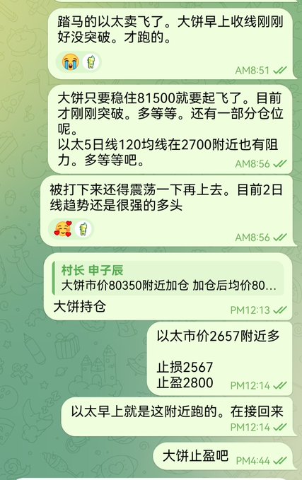 A WeChat conversation in Chinese discussing cryptocurrency trading, with messages about Ethereum ('以太') prices reaching 81500, 2-day moving averages around 2700, and Bitcoin ('大饼') trading near 80350 with stop-loss and take-profit strategies.