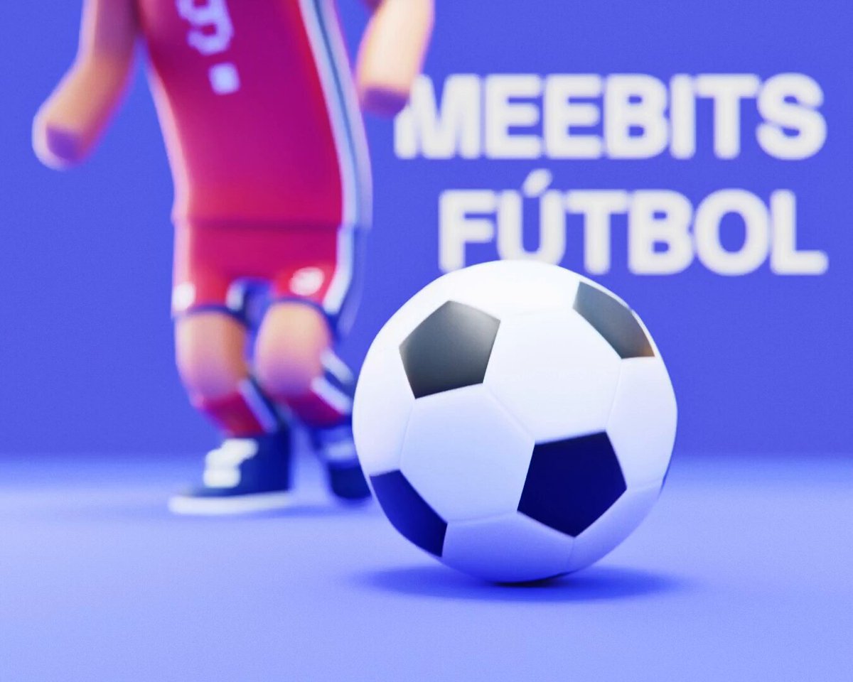 "The Meebits Futbol Group Stage Mint is now live at meebits.futbol". This phrase is part of a larger sentence that reads, "Focus on what is in the image and how it relates to the post". The main focus of this image is a soccer ball with black and white colors, positioned against a blue background.